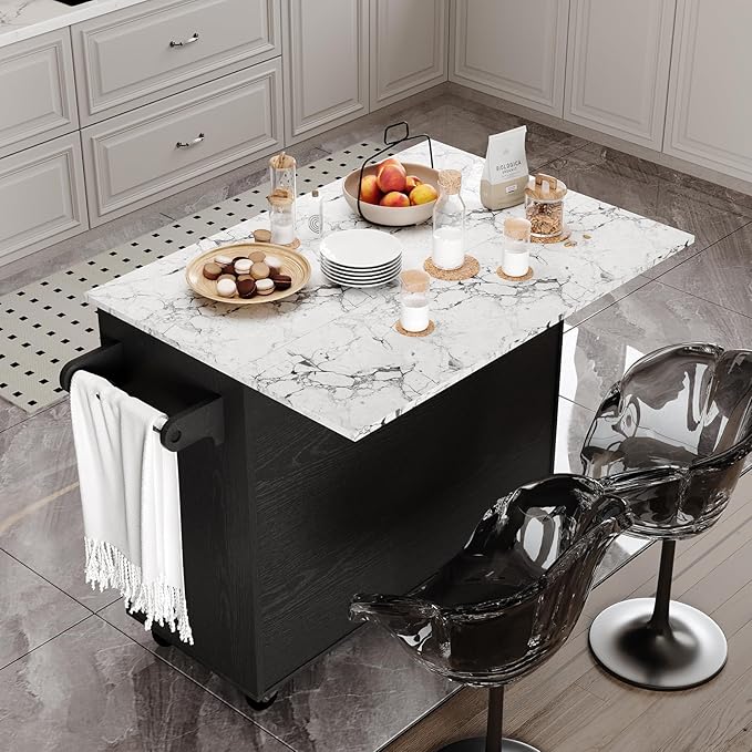 4 EVER WINNER Kitchen Island on Wheels, Island Table for Kitchen with Towel Rack & Spice Rack, Marble Tabletop, Kitchen Island with Drop Leaf, Black