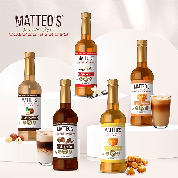 Matteo's Chai Syrup for Coffee, Lattes, Cappuccinos & Desserts – Sugar-Free Sweetener for Beverages, Keto Friendly, Zero Calories, Indulgent Flavor, Non-Alcoholic, Ideal for Hot Drinks 33.8oz (6pk)