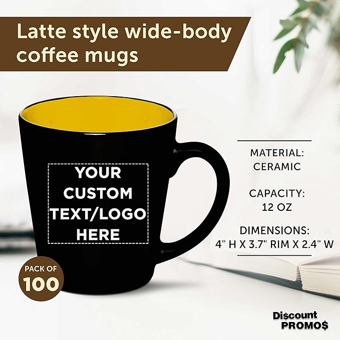Custom Ceramic Coffee Latte Mugs 12 oz. Set of 100, Personalized Bulk Pack - Perfect for Coffee, Tea, Espresso, Hot Cocoa, Other Beverages - Yellow