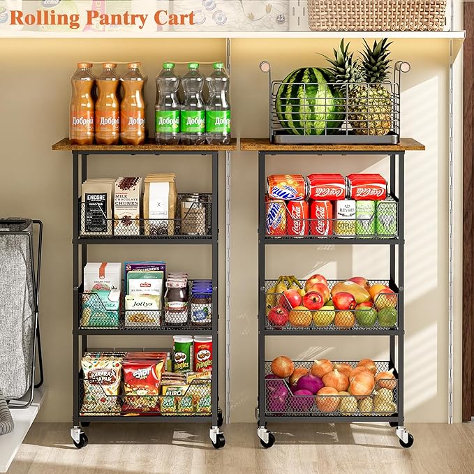 Kitchen Microwave Cart with Fruit Baskets, 4 Tier Microwave Table Stand with Storage, Kitchen Storge Shelf on Wheels Small Rolling Cart Organizer Rack for Pantry, Living Room, Bathroom