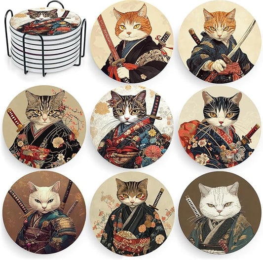 Ninja Cat Coasters Set of 8 Ceramic Cat Lover Gift Coasters with Holder for Table Bar Desk Anime Cat Decor