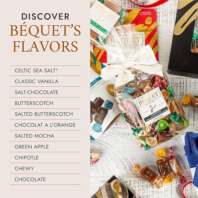 Béquet Assorted Caramels - Gourmet Individually Wrapped Candy Variety Pack - Celtic Sea Salt, Salt Chocolate, Classic Vanilla, Butterscotch, Green Apple, Salted Mocha & Salted Butterscotch - 24 oz Resealable Pouch