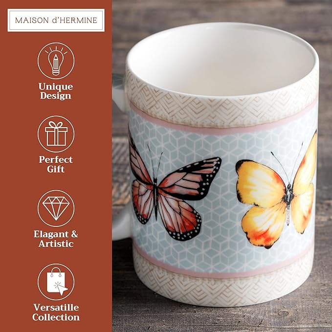 Maison d' Hermine Coffee Mug with Handles Fine Bone China Mugs Pack of One Tea Cups for Hot Beverages Cappuccino Latte Home Office Perfect for Gift (Blossoms In Spring - Butterfly, 12 Ounce)