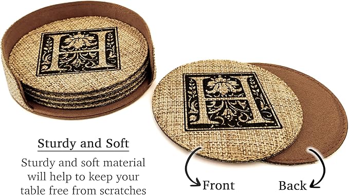 Smile Art Design Family Monogram Custom Coaster Set of 6 with Base Holder Round Burlap Material Family Name Personalized Prints Personalized Gifts House Warming Wedding Gift Rustic Decor Style7