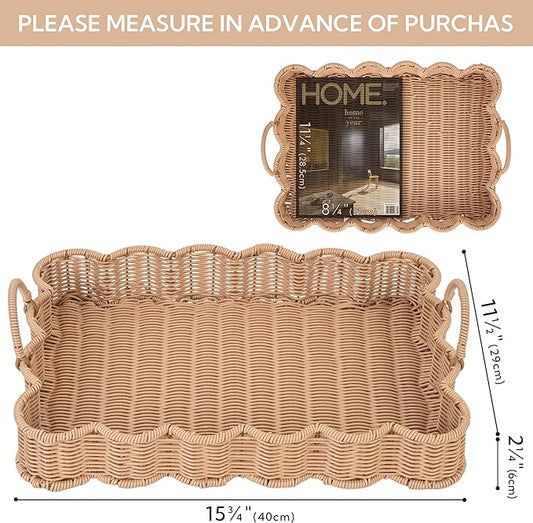 GRANNY SAYS Scalloped Edge Rectangle Wicker Serving Tray, Coffee Table Tray, Serving Trays with Handles, Decorative Tray for Entryway, Coffee Table, Woven Tray for Serving, 15 ¾"×11 ½"×2 ¼"