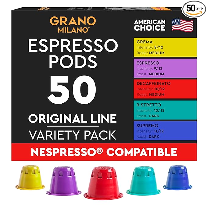 Grano Milano Variety Pack with Decaf - 50 Espresso Pods Compatible with Nespresso Original line - Medium & Dark Roast Coffee Capsules Made in Italy Espresso Coffee