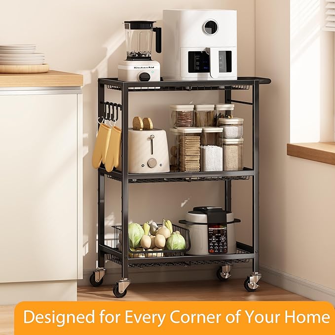 3-Tier Rolling Cart, Space-Saving Kitchen Cart with 150Lbs Capacity, Black Storage Cart with 2 Lockable Wheels for Kitchen Island, Restaurant, Garage, Backyard