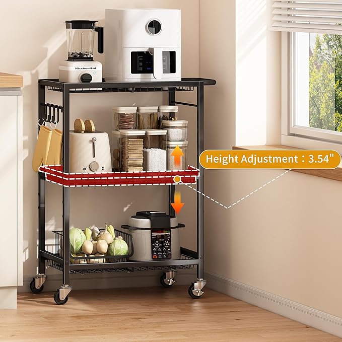 3-Tier Rolling Cart, Space-Saving Kitchen Cart with 150Lbs Capacity, Black Storage Cart with 2 Lockable Wheels for Kitchen Island, Restaurant, Garage, Backyard