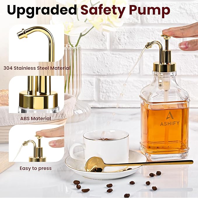 16.9oz/ 500ml Coffee Syrup Dispensers with 304 Stainless Steel Gold Pump - 4Pcs Glass Coffee Bar Syrup Bottles with 36 Labels, 2 Spoons, Funnel and Cleaning Brush Set for Bar Accessories