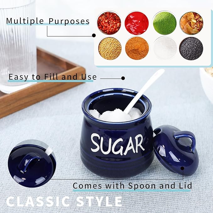 HAOTOP Porcelain Sugar Bowl with Lid and Spoon 12 oz (Navy)