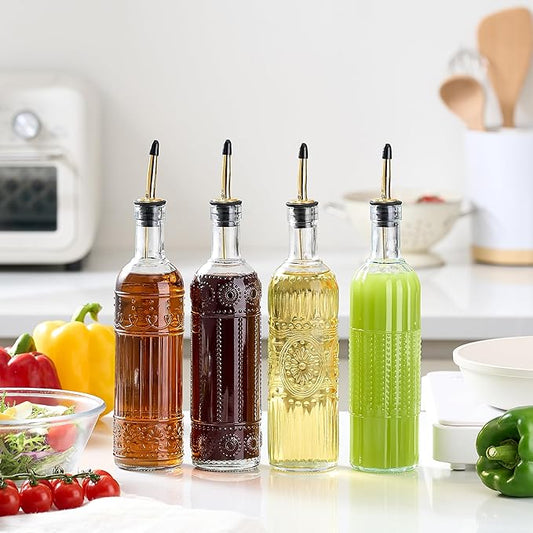 4 Pcs Olive Oil Dispenser Bottle for Kitchen,17oz Clear Glass Oil and Vinegar Dispenser Bottle Set, Classic Coffee Syrup Dispenser with 4 Stainless Steel Spouts and 1 Funnel (Round)
