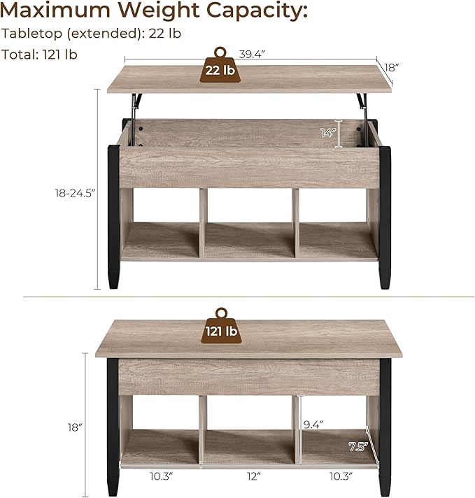 Yaheetech Gray Coffee Table, Lift Top Coffee Table with Hidden Compartment & Shelf, Lift Up Dining Table for Living Room Reception, Retro Central Table with Wooden Lift Tabletop, 41 inch L