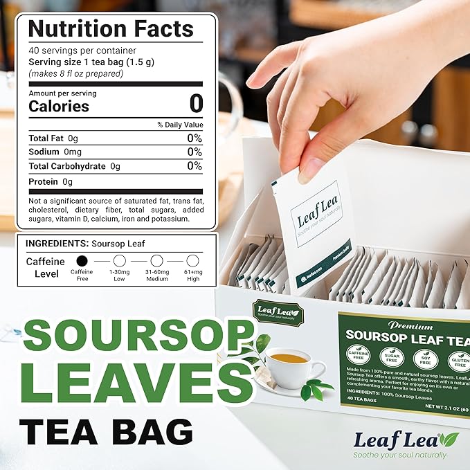 LeafLea 240 Premium Soursop Leaf Tea Bags, 100% Dried Soursop Graviola Leaves with a Smooth, Earthy Flavor, Hoja Guanabana Leaf Herbal Tea Bags for Natural Digestion Support, No Caffeine, Sugar-Free