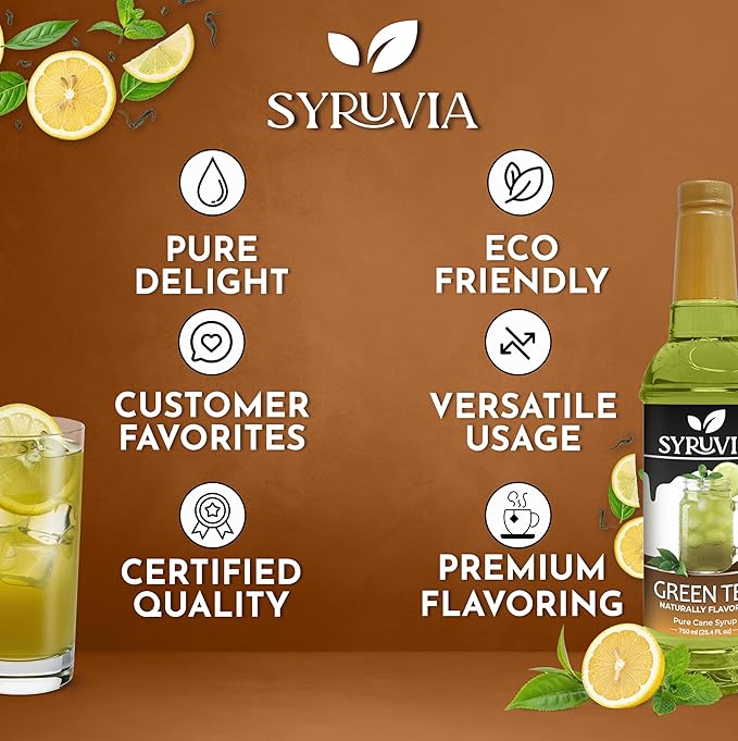 Syruvia Green Tea Flavored Syrup for Drinks, Cocktails, Lemonades, Iced Teas and Desserts – 25.4 fl oz, With Pump