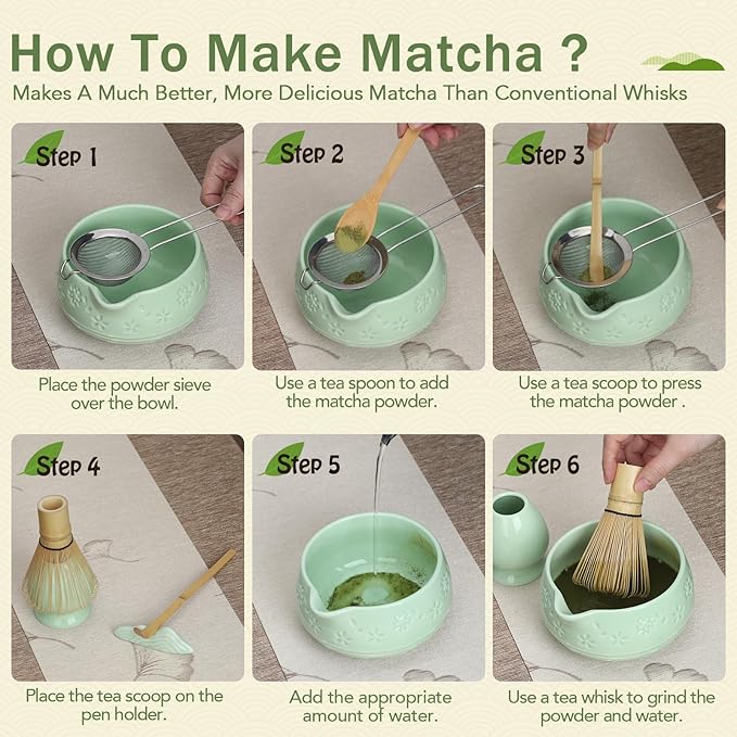 Matcha Whisk Set, Ceramic Bowl with Spout, Bamboo Matcha Whisk & Spoon, Chasen Holder, Scoop Rest, Sifter, 8-Pcs Japanese Ceremony Matcha Powder Kit–Happy New Year 2026 Gift for Women-Mint