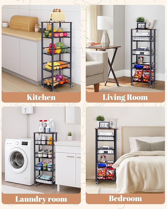Mythinglogic 5-Tier Rolling Fruit Vegetable Storage Cart with Pull-Out Baskets, Metal Kitchen Organizer, Heavy Duty Utility Rack with Wheels for Pantry, Living Room, Kitchen
