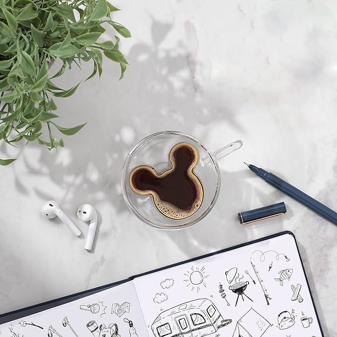 JoyJolt Disney Mickey Mouse 3D Espresso Cups 5.4oz Glass Set of 2 - Insulated Double Wall Design, Unique Coffee Mugs