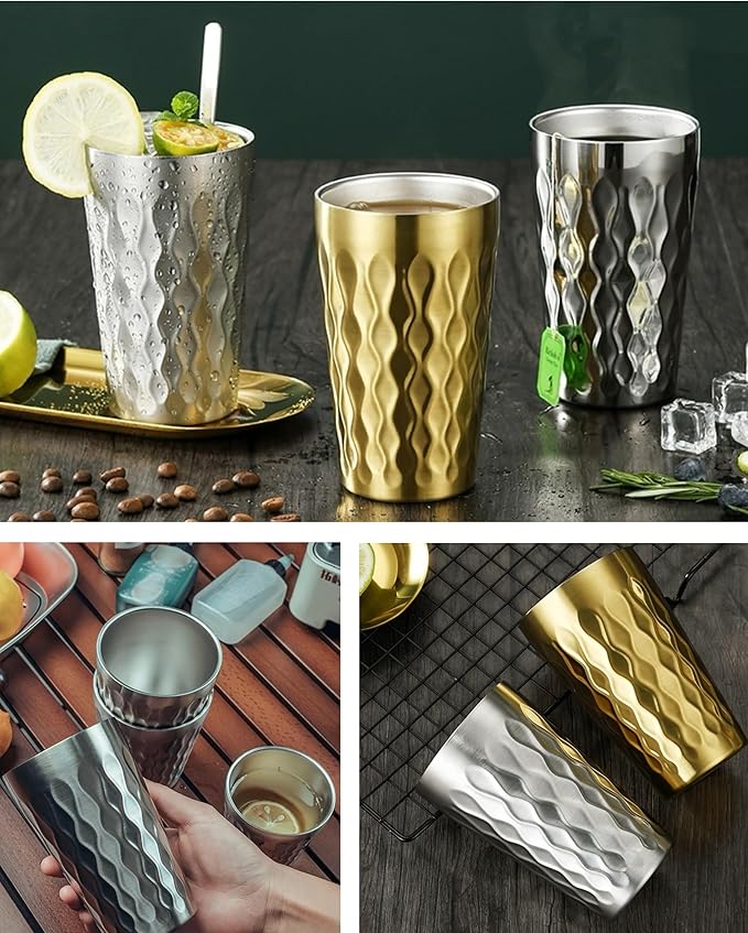 AGH 6 Pack Stainless Steel Cups for Kids, Metal Cups 12oz Double Layer Insulated Cup Pint Cup, Metal Drinking Cups Beer Tumbler Camping Cup Reusable Stackable Cup for Party Outdoor (Matte Gold)