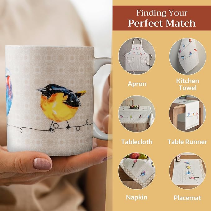Maison d' Hermine Coffee Mug with Handles Fine Bone China Mugs Pack of One Tea Cups for Hot Beverages Cappuccino Latte Home Restaurant Office Perfect for Gift (Birdies On Wire - Nuthatch, 15 Ounce)