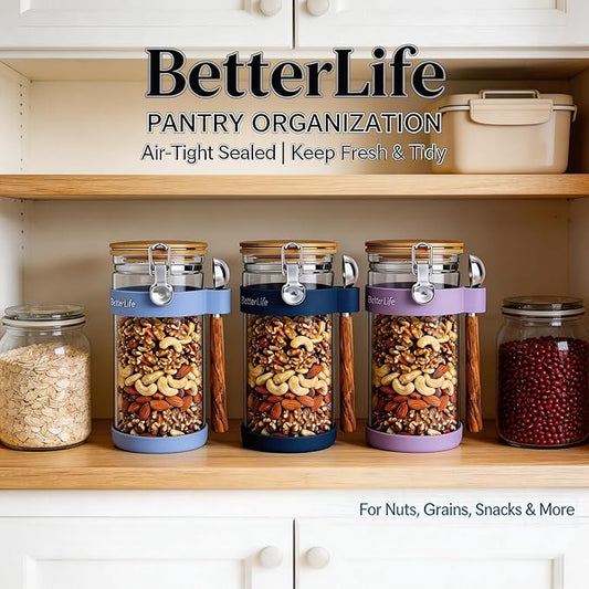 KKC HOME ACCENTS 1.5-Quart Large Glass Nuts Storage Container, Airtight Food Storage Jar with Bamboo Lid & Scoop, Keeps Nuts Crunchy & Fresh, Perfect for Storing Nuts, Almonds, Peanuts, Coffee Beans