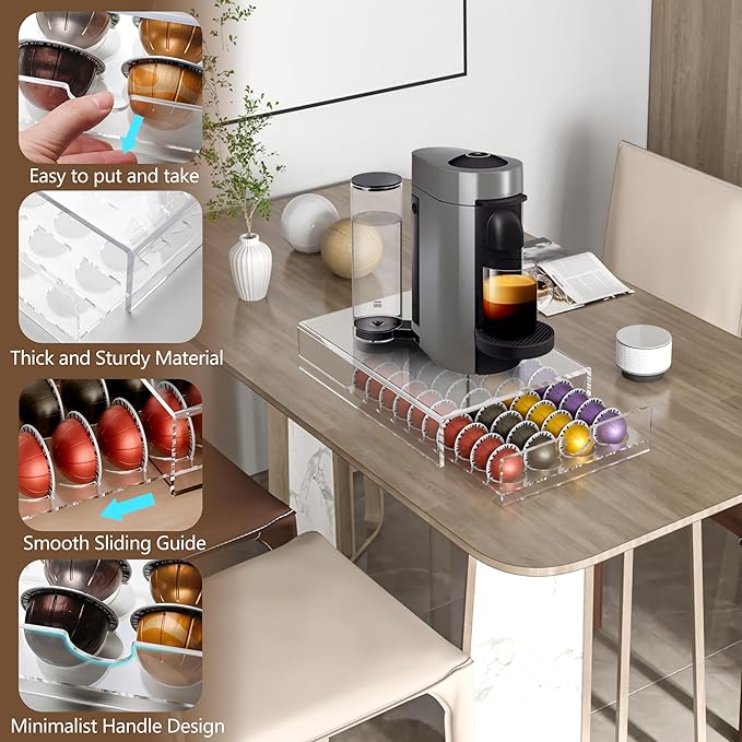 Acrylic Coffee Pod Organizer for Nespresso Vertuo Pod Holder 40 Pods Clear Vertuo Pod Storage Drawer (1 Tier) (Clear)