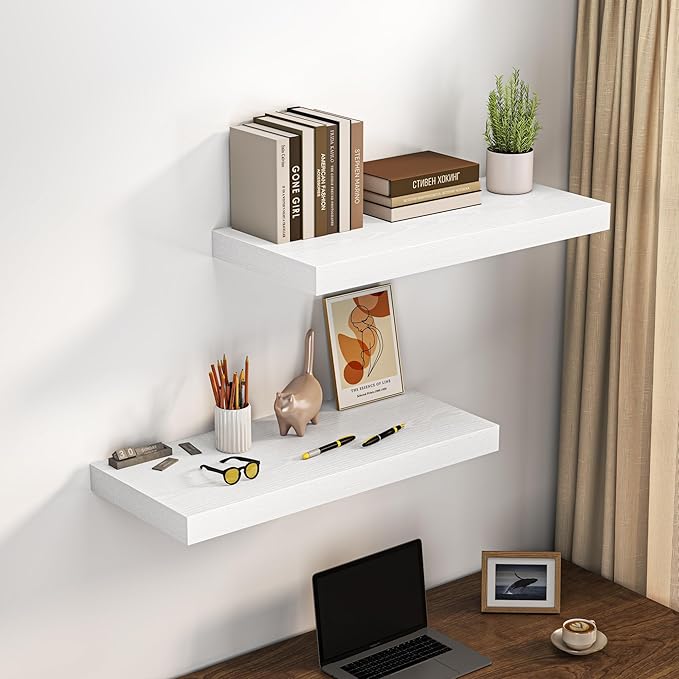 Dreamland 32" Floating Shelves for Wall, 12" Deep Thicker White Floating Shelves, Wall-Mounted Shelves for Bedroom, Living Room, Kitchen, Bathroom - Set of 2