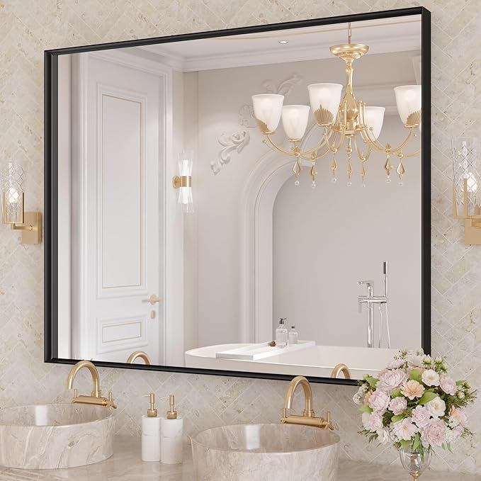LOAAO Black Bathroom Mirror 40"X24" for Wall, Rectangle Bathroom Vanity Mirror, Tempered Glass, Hangs Vertically or Horizontally, Easy to Install, Modern Design