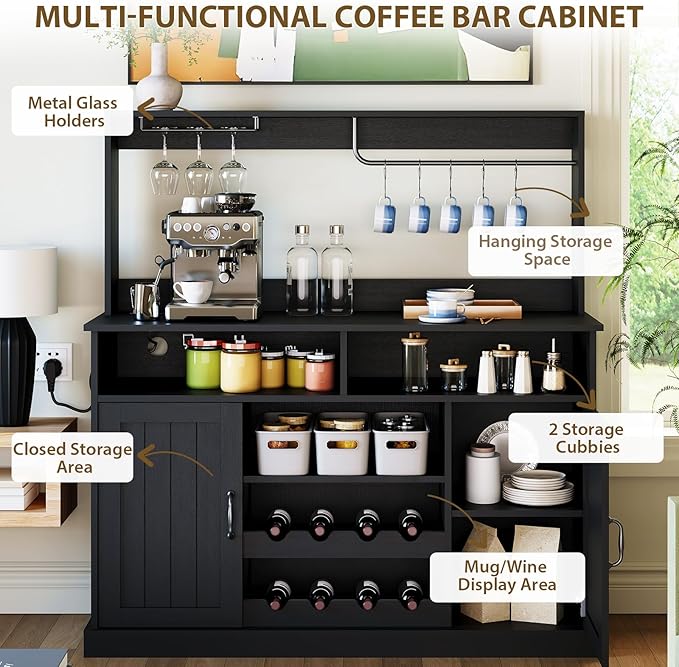 47 in Farmhouse Coffee Bar Cabinet with Charging Station & Wine Racks, Rustic Wood Kitchen Buffet Cabinet, Wine Bar Table for Dining Room Living Room, Black
