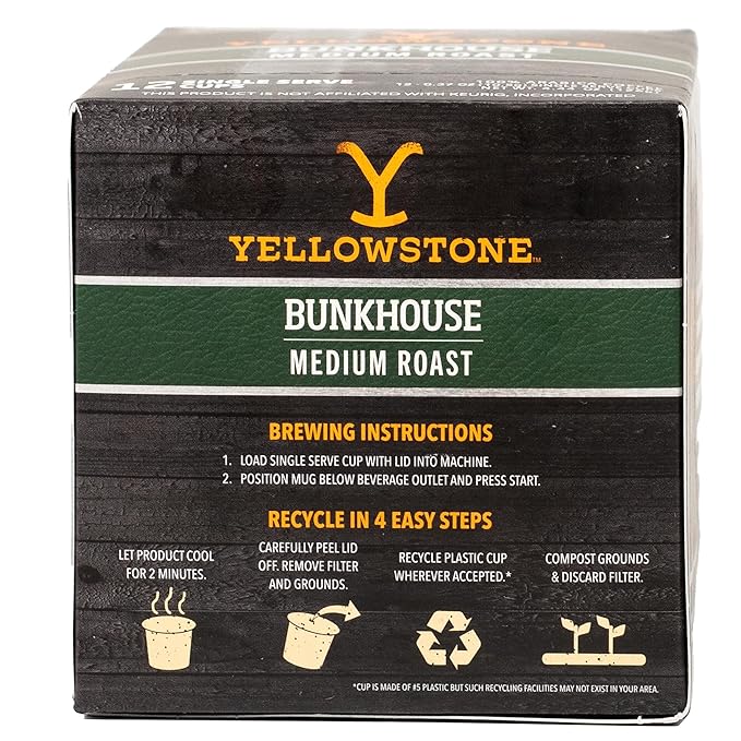 Yellowstone Bunkhouse Medium Roast Coffee, Single Serve Recyclable Pods/Cups, 100% Arabica Beans, 12 Count