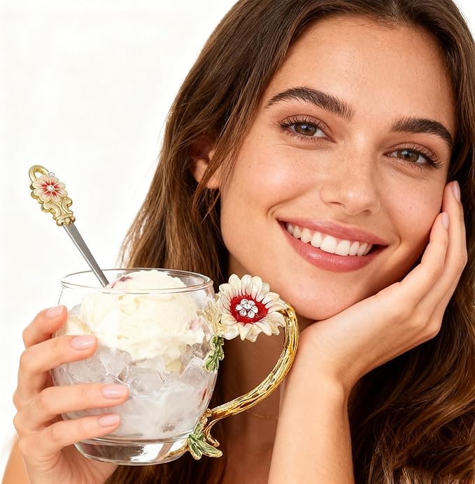 Flower Glass Tea Cup With Spoon Set, Ideal Gift For Mothers Wife Grandma Women Friends On Valentines Day Christmas Birthday, Durable Coffee Mug (Chrysanthemum, 11 OZ)
