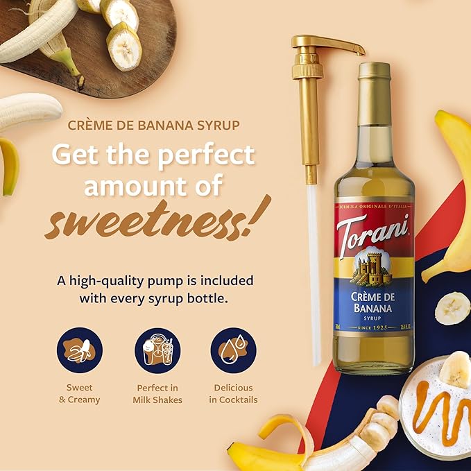 Torani Crème de Banana Syrup for Drinks & Desserts, Glass Bottle with Pump Included, 25.4 Fl Oz