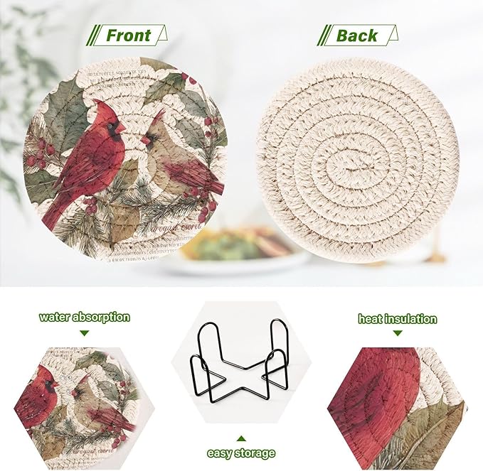 Christmas Coasters with Holder Red Cardinals Berry Winter Postcard Coasters Set of 6 Cotton Woven Absorbent Cup Coaster Xmas Holiday Party Table Decor 4 Inches