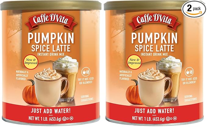 Caffe D'Vita Pumpkin Spice Latte Cappuccino - Instant Coffee Powder Mix, Gluten Free, No Cholesterol, No Hydrogenated Oils, No Trans Fat, 99% Caffeine Free - 1 Lb Can (Pack of 2)