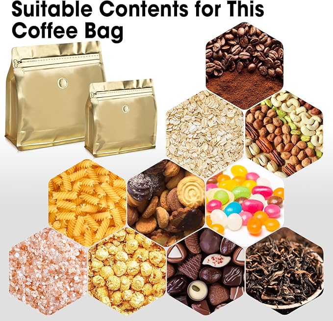 50 Count 16oz Coffee Bags with Valve,1lb Vented Coffee Beans Packaging Bags High Barrier Aluminumed Foil Flat Bottom Heat Sealed Side Zipper Resealable Storage Bag for Home or Business（Gold）