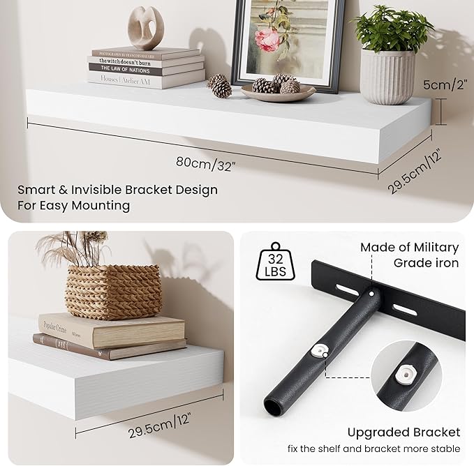 Fun Memories 32 x 12 Floating Shelves Wall-Mounted - Rustic Wood Shelf - 12 Inch Deep Floating Shelves for Wall - Large Storage Shelf for Bathroom - Kitchen & Bedroom - White - Set of 2