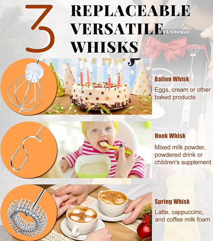 YUSWKO Milk Frother Handheld for Coffee, Rechargeable Drink Mixer with 3 Heads 3 Speeds Electric Coffee Frother Whisk, Gift for Many Occasions and Festival