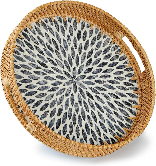 YANGQIHOME Round Rattan Tray with Handle, Mother of Pearl Inlay Decorative Wicker Basket for Coffee, Bread, Fruits, Serving Tray for Home Decor, Blue Leaf