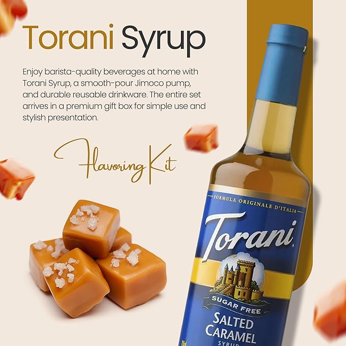 Jimoco Barista Set – Torani Sugar Free Salted Caramel Syrup 25.4 oz, Jimoco Pump, Reusable Cup, Straw & Stirrer – Coffee, Italian Soda & Cocktail Flavoring Kit