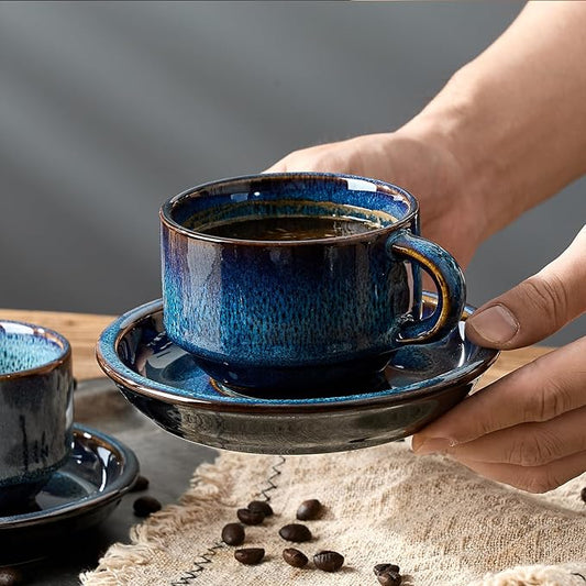 JIEMEI HOME Porcelain Stackable Cappuccino Cups with Saucers and Metal Stand, 7 Ounce Espresso Cups for Latte Coffee Cafe, Specialty Coffee Drinks, Cappuccino and Tea - Set of 4, Deep Blue