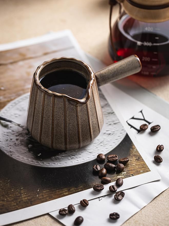 YHOJOY Espresso Cup, Ceramic Espresso Measuring Cup with Handle, Expresso Shots Cups with Spout, Espresso Accessories, 200ML/6 OZ, Dark Agate Red
