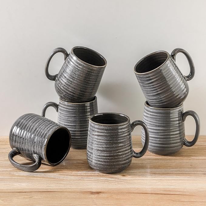 HASENSE Ceramic Coffee Mugs Set of 6, Large Coffee Cups 12 oz, Latte Mug with Large Handle for Coffee, Tea, Milk and Hot Cocoa, Easy Hold & Clean, Dishwasher & Microwave Safe, Grey