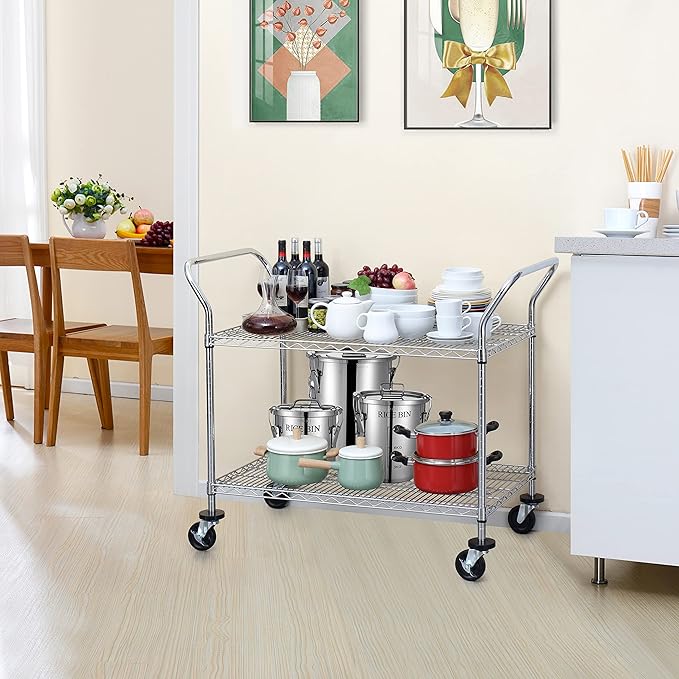 Finnhomy 2 Tier Commercial Grade Rolling Cart, Heavy Duty Utility Cart, Carts with Wheels and Handles, Kitchen Carts on Wheels, Metal Cart with 600 lbs Capacity, Shelf Size 23.6"Dx47.2"W x 39.4"H, NSF