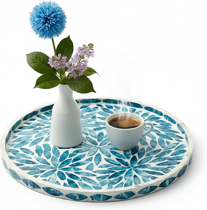 Chunful Mother of Pearl Round Serving Tray Wood Coffee Table Tray 10.4 Inch for Tea Breakfast Kitchen Cabinet(Leaf Style)