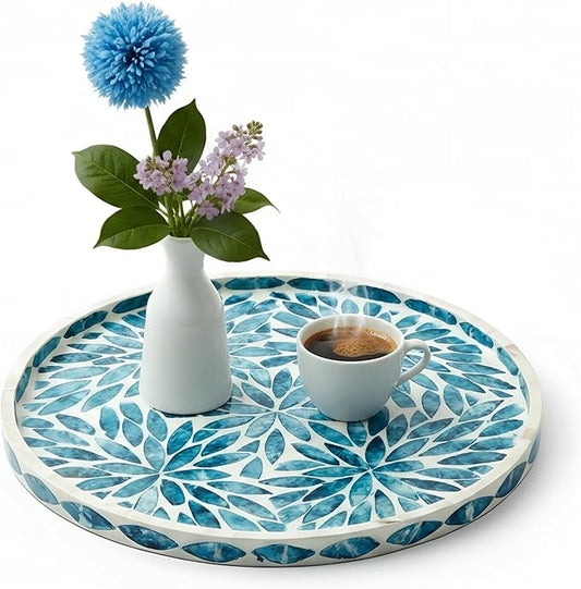 Chunful Mother of Pearl Round Serving Tray Wood Coffee Table Tray 10.4 Inch for Tea Breakfast Kitchen Cabinet(Leaf Style)