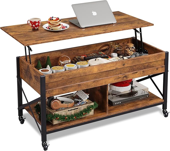 WLIVE Coffee Table, 41.3" Lift Top Coffee Table with 4 Wheels, Hidden Compartment, Storage Shelf and Lift Tabletop for Living Room, Reception Room, Rustic Brown