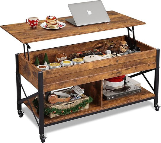 WLIVE Coffee Table, 41.3" Lift Top Coffee Table with 4 Wheels, Hidden Compartment, Storage Shelf and Lift Tabletop for Living Room, Reception Room, Rustic Brown
