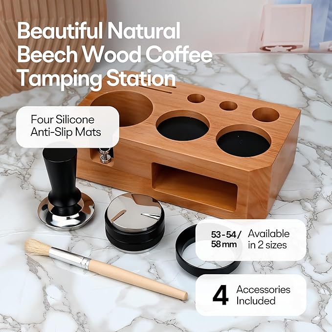 Espresso Tamping Station With Tools - 58mm - Includes Tamper, Distributor, Dosing Funnel & Brush - Wooden Coffee Tamper Station - Espresso Organizer & Portafilter Holder, Best Gift for Coffee Lovers