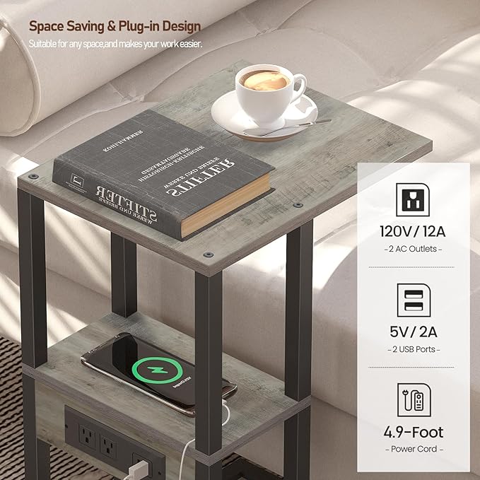 TUTOTAK C-Shaped Side Table, Set of 2, C Table End Table with Charging Station, Sofa Couch Table for Small Spaces, Couch Side Table for Livingroom, Bedroom, Greige TB01BG0432