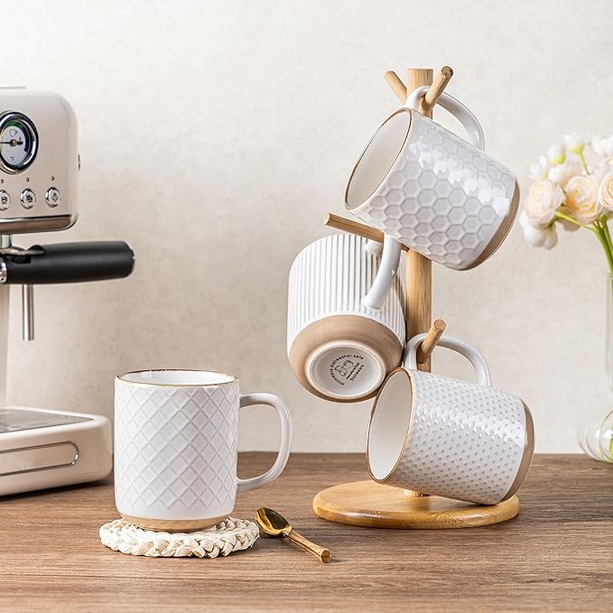 GBhome Large Coffee Mugs Set of 4, 16oz Handmade Stoneware Coffee Mugs Set with Large Handle for Cappuccino/Latte/Tea/Hot Cocoa, Dishwasher & Microwave Safe, Off White