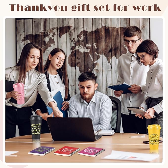 Skylety 24 Set Employee Appreciation Gifts Bulk Thank You Inspirational Gift Set 16 oz Coffee Cups with Thank You Notebook Pen Keychain for Staff Team Teacher Coworker Friend (Classic Color)